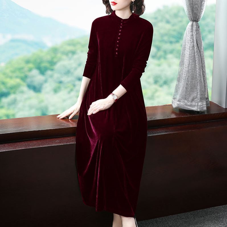 Large golden velvet new dress women's autumn and winter noble foreign style knee long mother's broad wife's dress