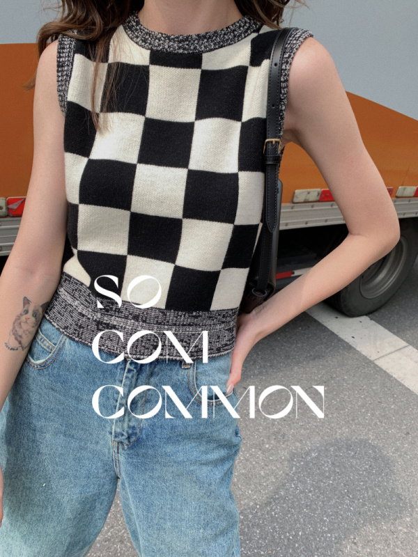 Le 2021 autumn winter new Korean so / CZ round neck versatile knitted vest color matching large Plaid top women
