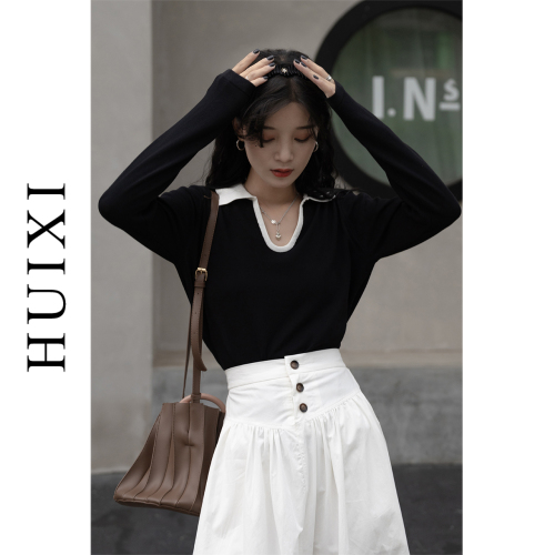 Huixi contrast V-Neck Sweater women's 2021 new design sense niche long sleeve sweater autumn top