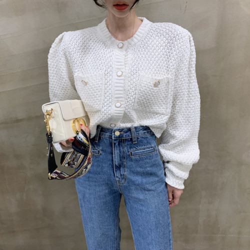 Korean chic early autumn Vintage round neck chic button loose double pocket design bubble sleeve knitted sweater