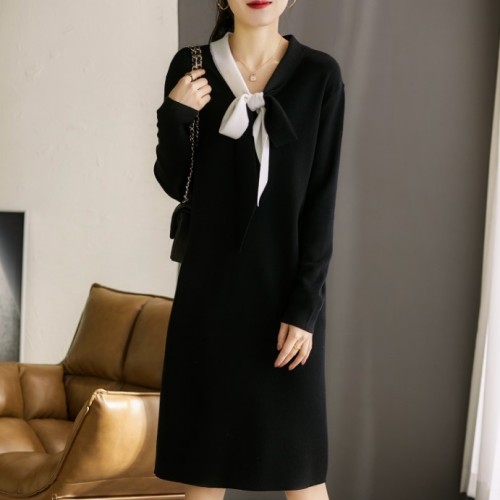Xiaohan Pavilion black and white tone elegant contrast color lace up all wool knitted Jumpsuit small black skirt