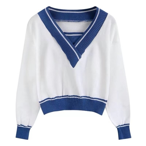 Early autumn new women's top V-neck French retro fake two-piece short sweater