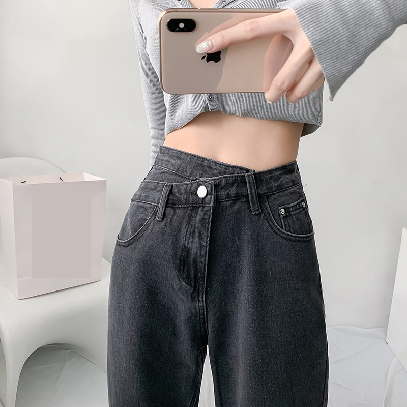 Non real shooting special autumn and winter straight jeans net red design feeling loose High Waist Wide Leg Pants