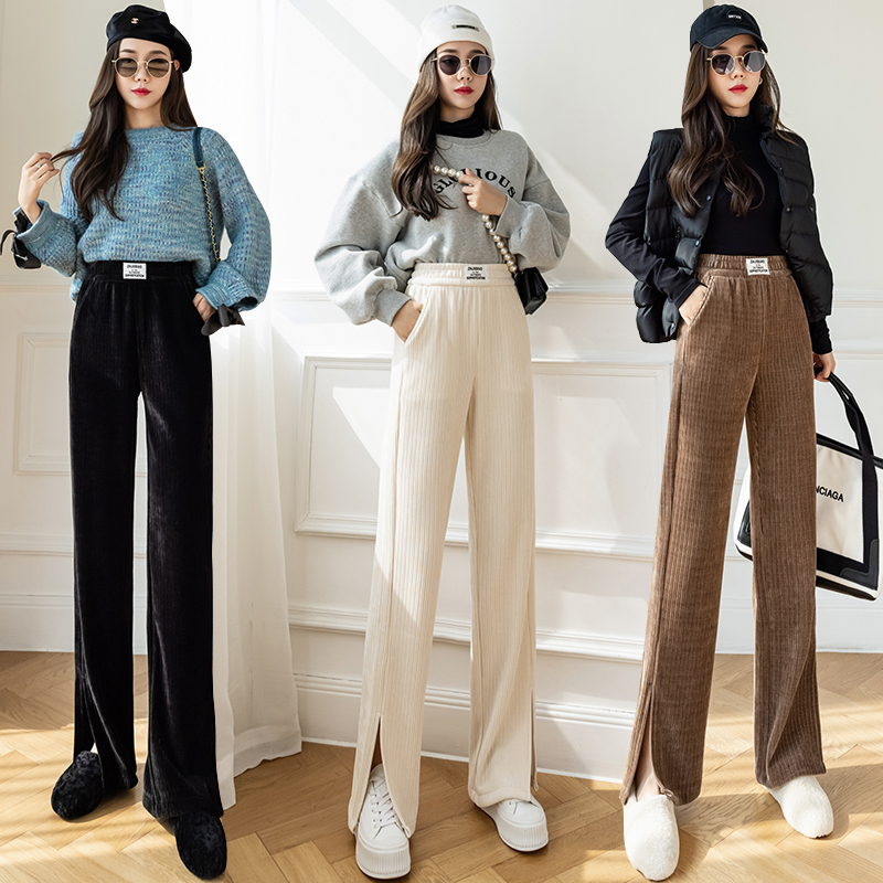 Real shooting chenille wide leg pants women's new autumn and winter 2021 high waist straight tube vertical feeling split floor mops and Velvet Pants