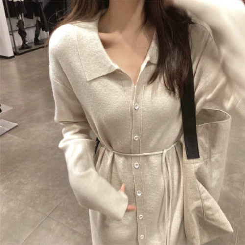 Early autumn dress long sleeve loose and thin with knitted skirt inside French gentle wind long wool dress autumn and winter