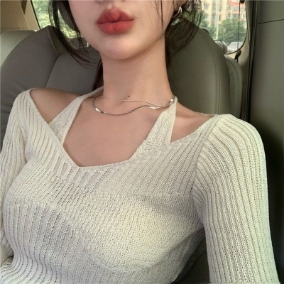 Autumn new careful machine lace up sexy exposed clavicle thin sweater women's inner and outer slim long sleeve top