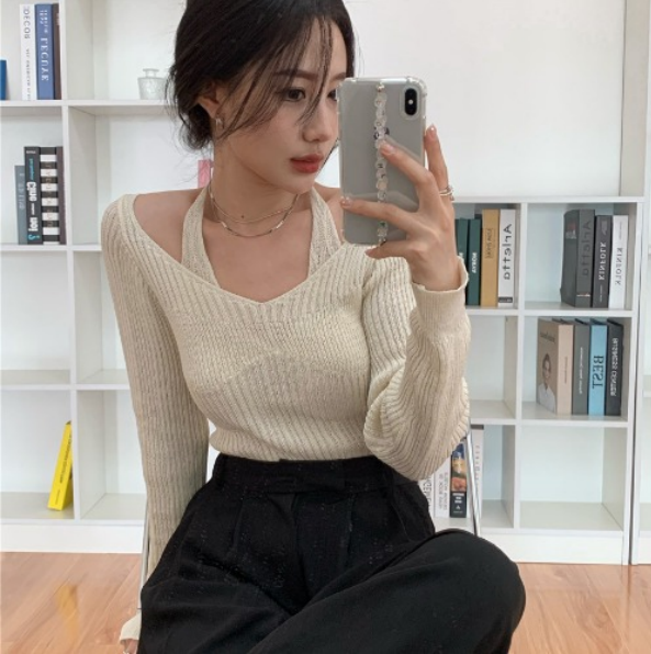 Autumn new careful machine lace up sexy exposed clavicle thin sweater women's inner and outer slim long sleeve top
