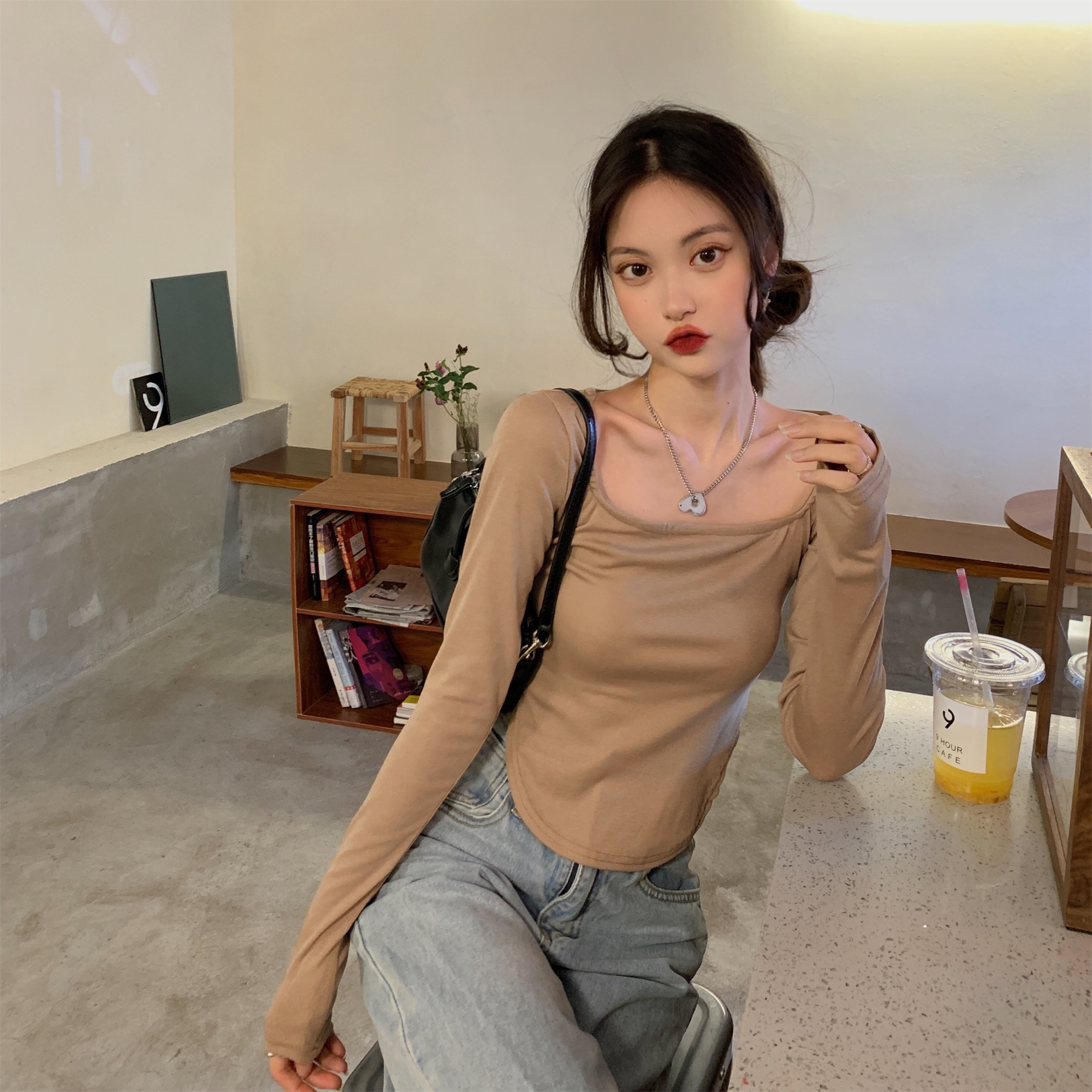 Real shot de velvet new low collar irregular slim long sleeve inner bottom Shirt Top