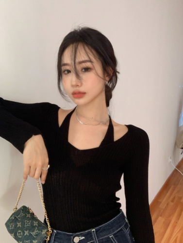 Autumn new careful machine lace up sexy exposed clavicle thin sweater women's inner and outer slim long sleeve top