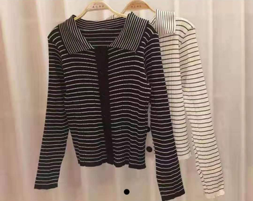 Spring and autumn new collar stripe knitted cardigan coat women's bottomed shirt design sense of minority long sleeve top