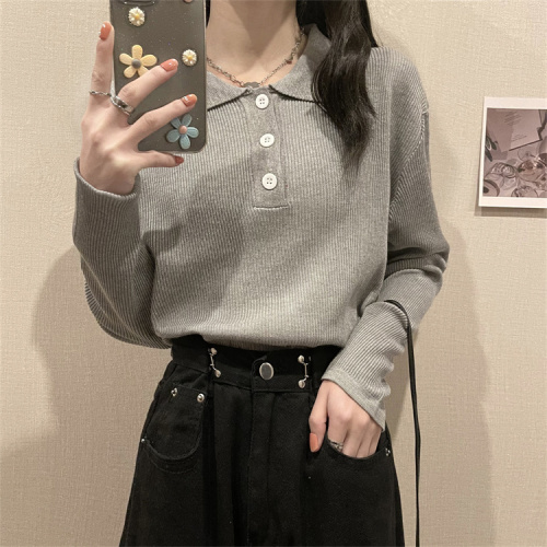 Real price real shooting autumn new short polo collar loose long sleeve top early autumn bottoming shirt women's T-shirt
