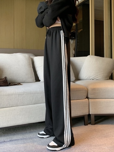 Real shooting autumn new side stripe loose straight tube versatile casual pants High Waist Wide Leg Pants sports pants real price
