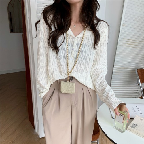 French round neck cardigan pleated long sleeve women's new Korean version in early autumn loose and thin, versatile top fashion