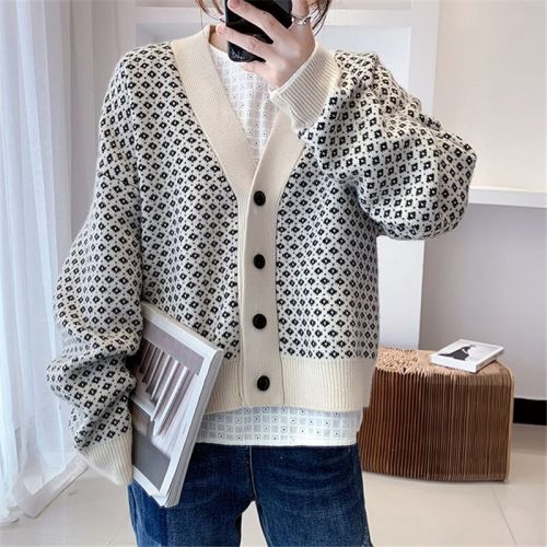Sweater cardigan coat 2021 autumn winter New Vintage jacquard lazy wind loose wear short sweater top