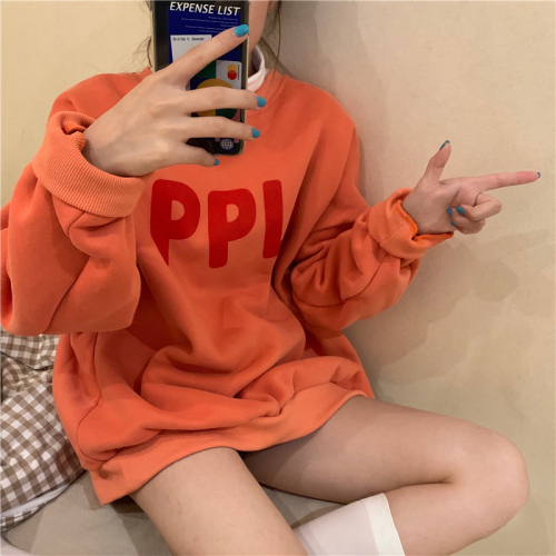 Real price ~ thickened loose retro lazy letter printed round neck Pullover