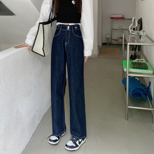 Dark blue jeans women's spring and autumn  new high waist thin loose straight tube floor dragging wide leg women's pants