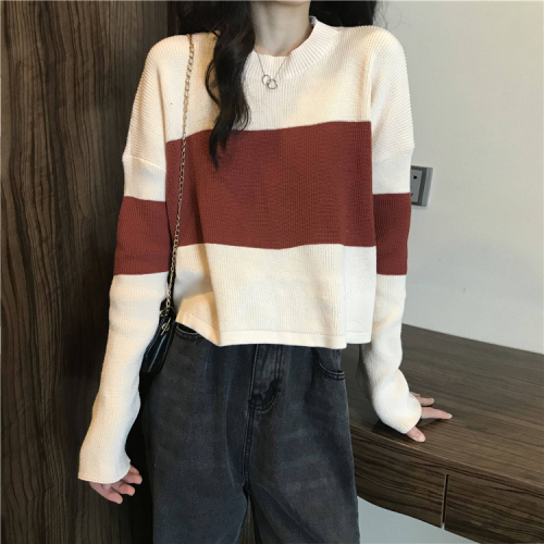 Real price real shot striped sweater women's New Retro loose lazy style long sleeve Hong Kong style top