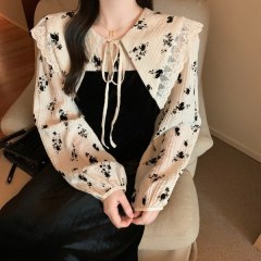 Korean chic autumn and winter French lace pointed collar lace up stitching fake two pieces of floral velvet dress female