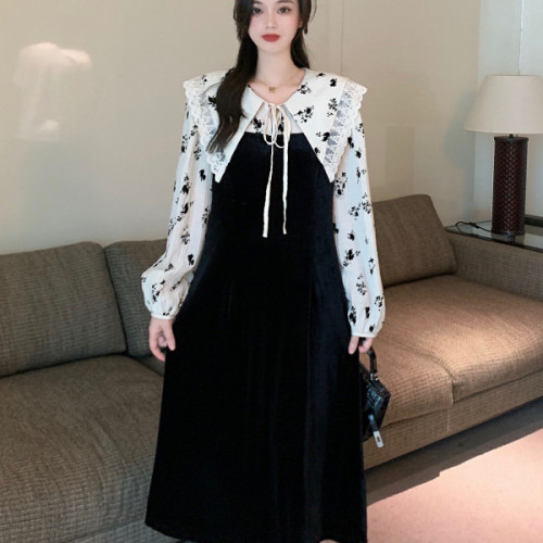 Korean chic autumn and winter French lace pointed collar lace up stitching fake two pieces of floral velvet dress female