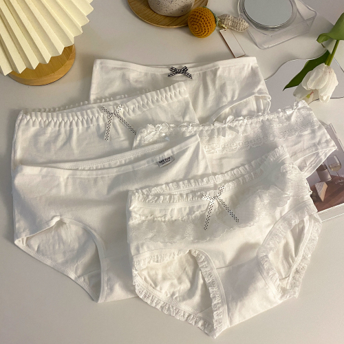 Real price pure cotton girls' underwear pure and lovely simple white briefs middle waist bow five pack