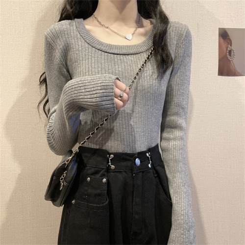 Real price and real shooting show thin pit strip sweater women's autumn and winter new women's short round neck with knitted top inside