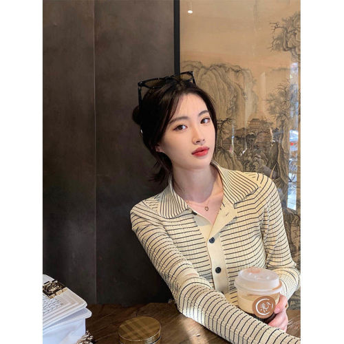 Spring and autumn new collar stripe knitted cardigan coat women's bottomed shirt design sense of minority long sleeve top