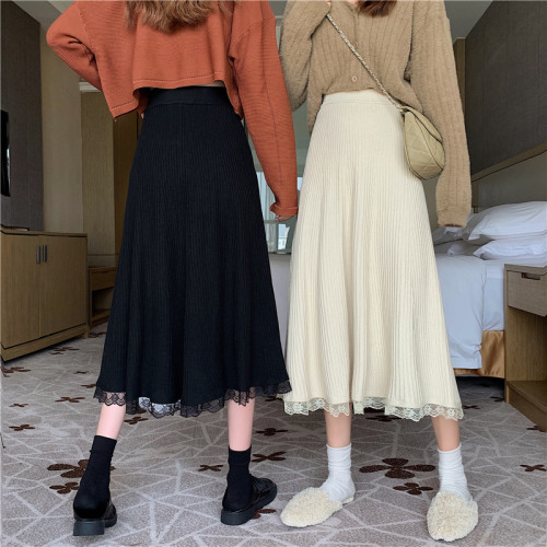 Real price knitted skirt for women in autumn and winter with high waist and thin lace edge medium length skirt and A-shaped umbrella skirt