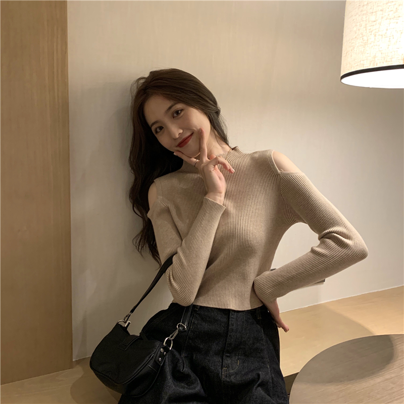 Real price off the shoulder careful machine hollowed out long sleeve solid color semi high neck slim fit knitted sweater bottomed shirt