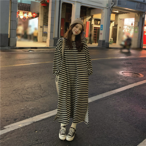 Real price ~ Korean retro loose stripe split medium length sweater dress~