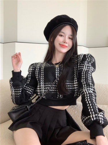 Real price fashion checkered round neck bubble sleeve short coat