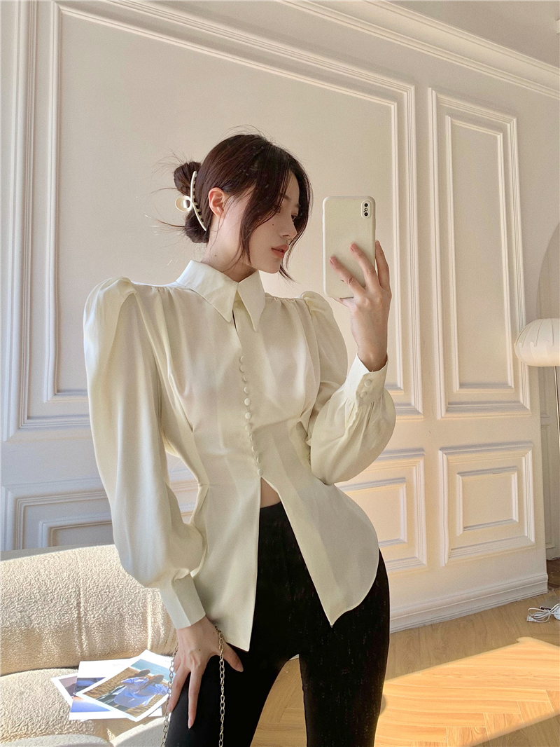 Real price French style stand collar design sense split breasted shirt minority foreign style bubble sleeve bandage top