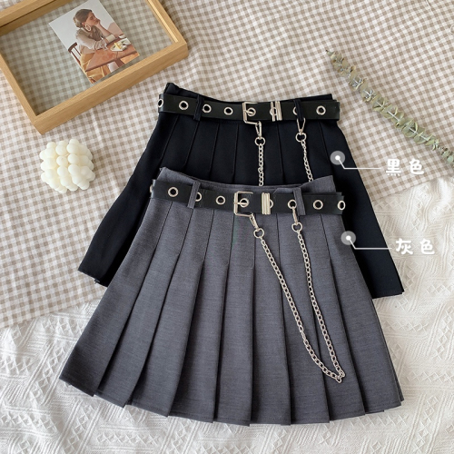 Real shot Korean personalized chain pleated skirt design sense side zipper student skirt with lining