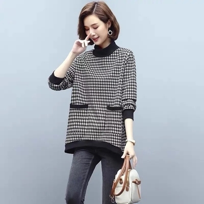 Warm sweater women's middle and long style 2021 autumn and winter new high collar top T-shirt thousand bird grid thickened bottomed shirt trend