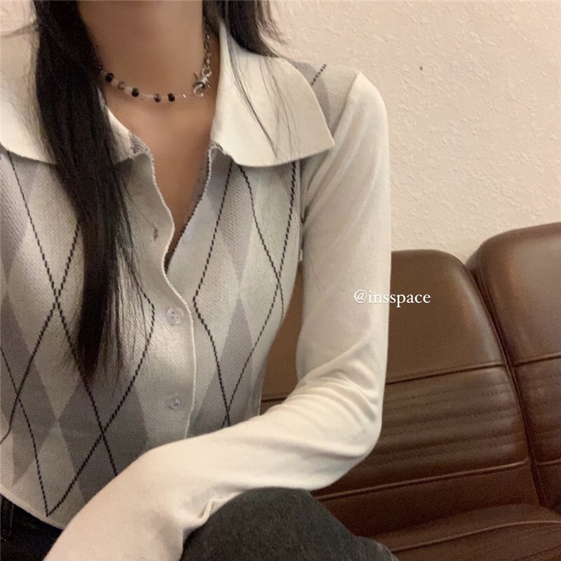 American retro Spice Girl polo collar Plaid knitted cardigan women's summer thin short sleeve jacket short top