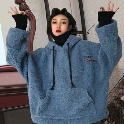 Fake two pieces of lamb wool sweater women's Plush thickened new autumn and winter loose Korean jacket