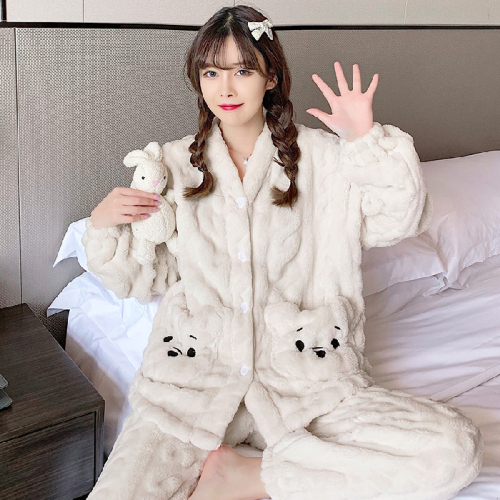Real shooting coral velvet pajamas women's autumn and winter thickened Plush lovely outer Plush home clothes new two-piece suit