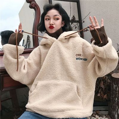 Fake two pieces of lamb wool sweater women's Plush thickened new autumn and winter loose Korean jacket