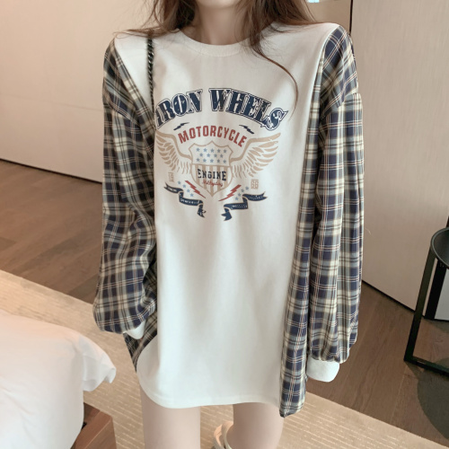 Real price Korean Plaid stitching personalized letter sweater loose lazy Fashion Top
