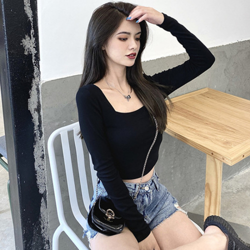 Bottomed shirt square collar top women's autumn high waist exposed navel collarbone spice girl short with long sleeve T-shirt inside