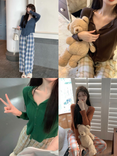 Real price solid color sweater + elastic waist high waist Plaid casual pants