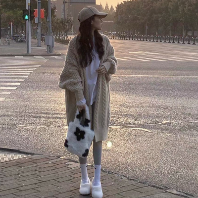 2021 new medium and long twist sweater cardigan coat women's autumn and winter thickened Knitted Top loose and fashionable