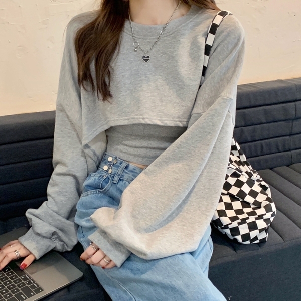 Real shooting sports high street fashion loose short long sleeve Pullover Top + suspender bottomed shirt