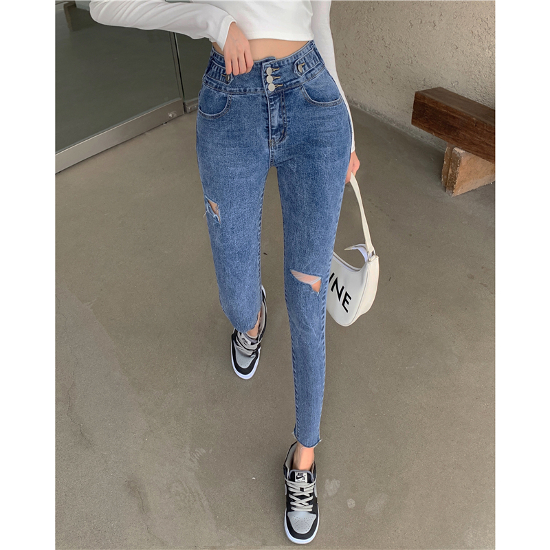 Real price! Hong Kong Style junior jeans Korean chic high waist pierced slim pencil pants