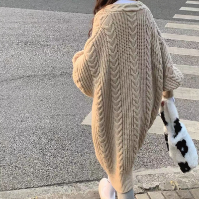 2021 new medium and long twist sweater cardigan coat women's autumn and winter thickened Knitted Top loose and fashionable