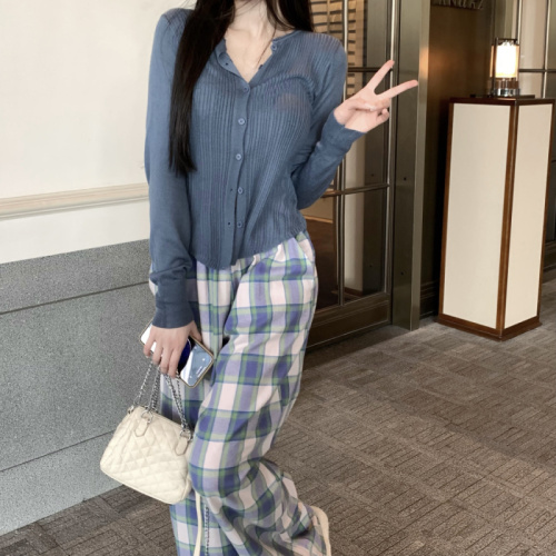 Real price solid color sweater + elastic waist high waist Plaid casual pants
