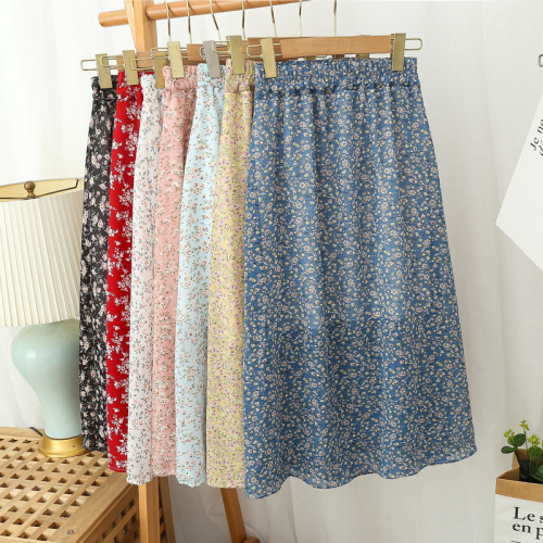 Floral skirt summer women's vertical half length Chiffon high waist A-line skirt