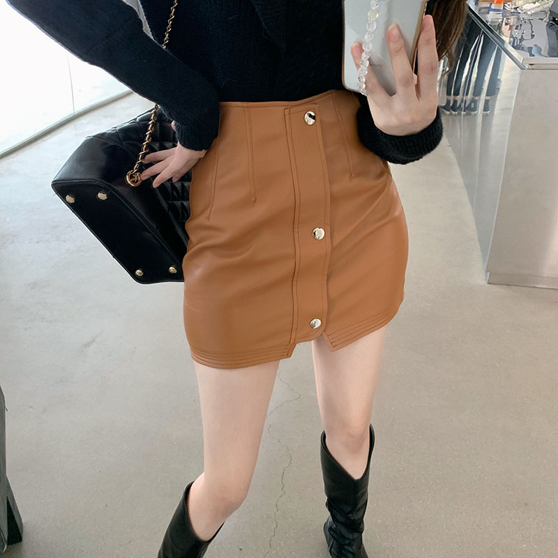 Real price Hong Kong style high waist one row button leather skirt gas women's new autumn Korean skirt