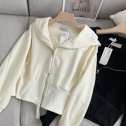 Hooded short Sweater Jacket Women's spring and autumn 2021 design sense minority jacket Korean loose zipper white cardigan