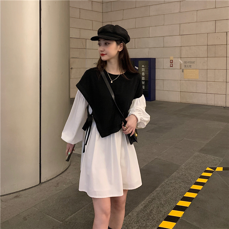 Official figure 2021 new Korean large women's irregular fake two piece color contrast Lantern Sleeve Dress