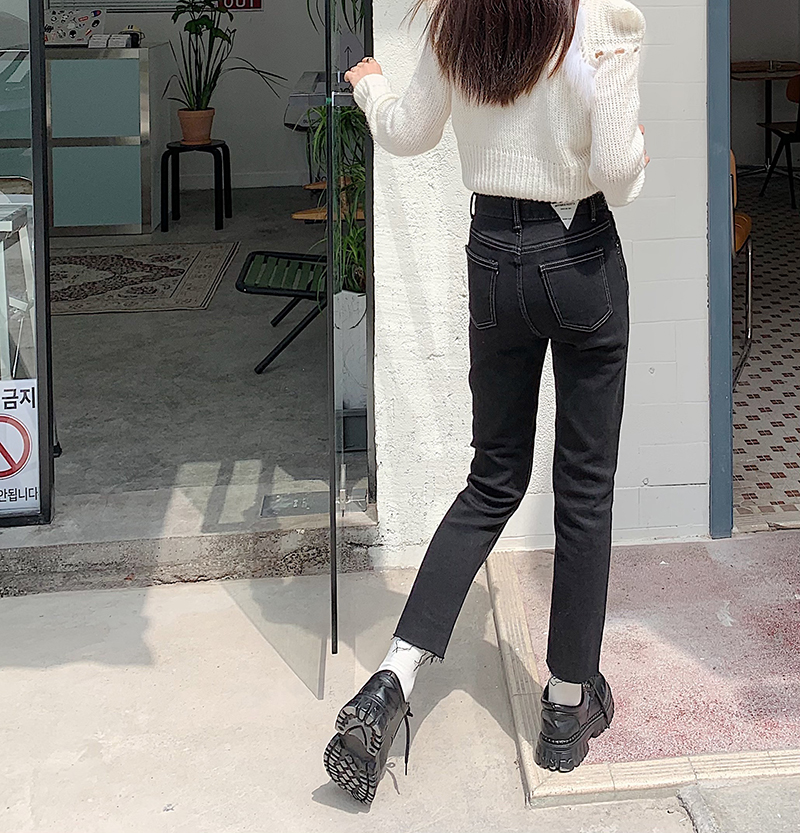 Real price! Leg ripping versatile straight through slim high waist jeans trendy simple Capris